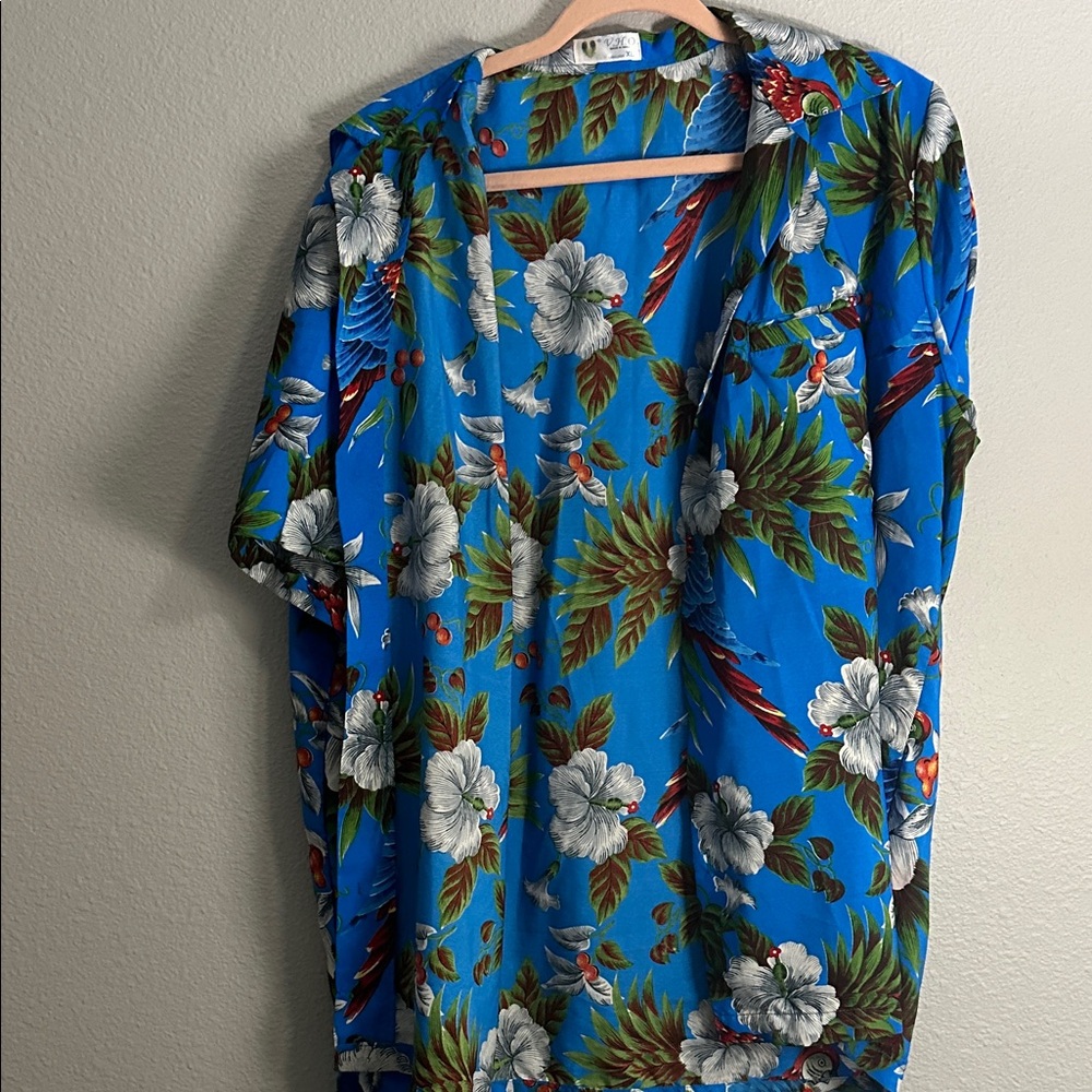 Vibrant Blue Hawaiian Shirt with Floral Print